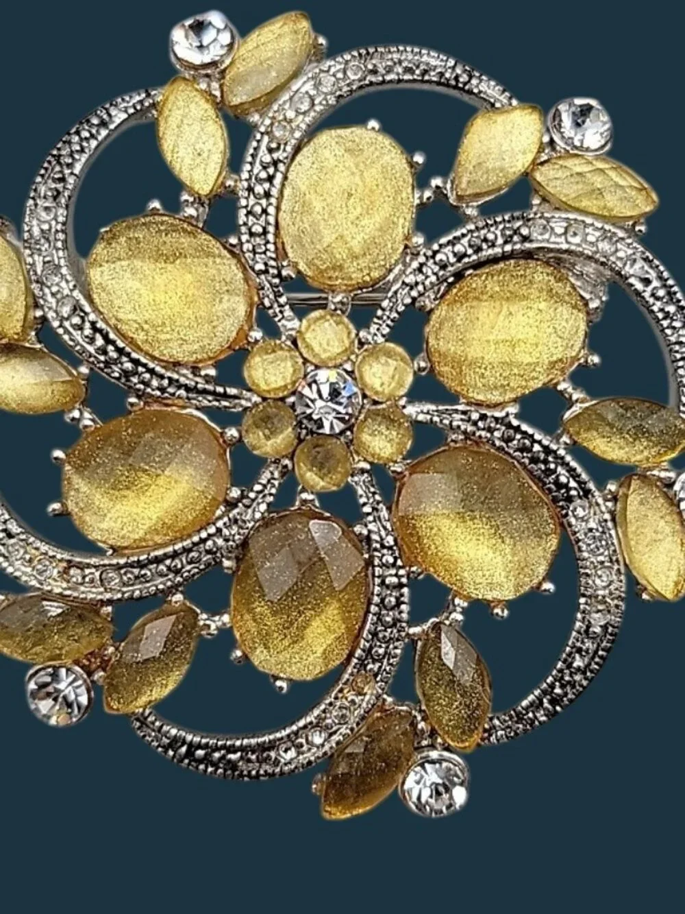 Liz Claiborne Yellow Rhinestone Brooch Clear Accents Silver Tone Vintage